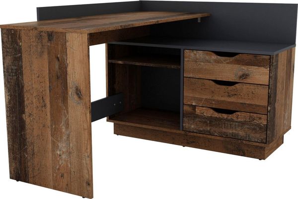 byLIVING Winkelschreibtisch BELFAST / Rechts oder Links montierbar / 3 Schubkästen / Old Wood-Optik - anthrazit /Bürotisch / Eckschreibtisch / Schreibtisch / B 129, H 83,5, T 105 cm