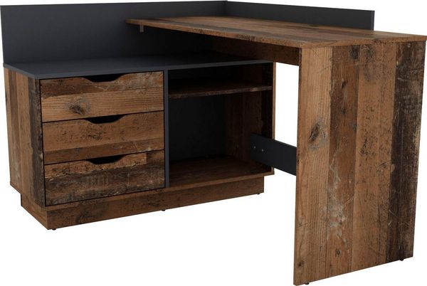 byLIVING Winkelschreibtisch BELFAST / Rechts oder Links montierbar / 3 Schubkästen / Old Wood-Optik - anthrazit /Bürotisch / Eckschreibtisch / Schreibtisch / B 129, H 83,5, T 105 cm