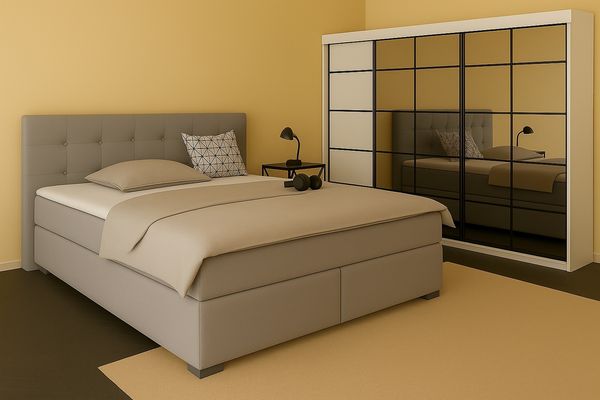 Boxspringbett TOM-OM 140x200 cm mit gepolstertem Kopfteil. Farbe: Dunkelgrau