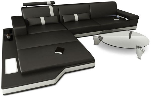 Couch Messana L Form in Leder - Echtleder - schwarz-weiß - Links