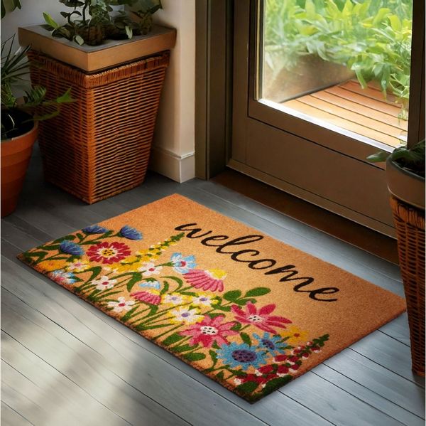 BRUBAKER Fußmatte Blumen und Pflanzen - 45 x 75 cm Schmutzfangmatte - Kokos Fußabtreter, Rechteckig, Höhe: 16 mm, Antirutsch Türmatte für Außen und Innen - Wetterfest und Rutschfest