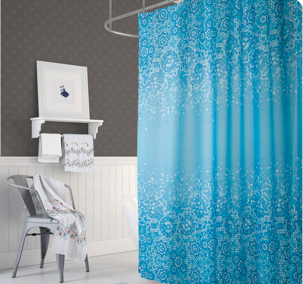 Textil Duschvorhang 180x200 cm blau weiß Mosaik inkl. Duschringe
