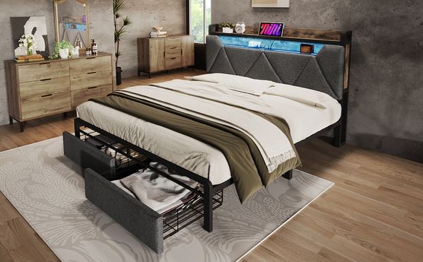 Polsterbett 160x200 cm - Leinenoptik mit Stauraum-Kopfteil, USB‑C & LED-Beleuchtung, Schubladen, robuster Metalllrahmen,Grau