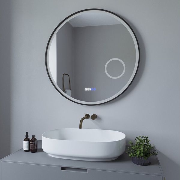 AQUABATOS Wandspiegel Badspiegel mit Beleuchtung rund Lichtspiegel Bad badezimmerspiegel, 3-fach-Vergrößerung,Kaltweiß,dimmbar,Digitaluhr,beschlagfrei