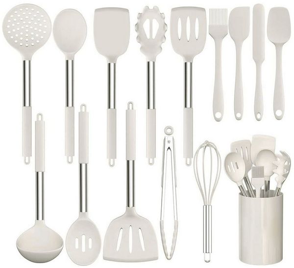 OKWISH Kochbesteck-Set 15er Küchenhelfer Set Kochgeschirr Küchenutensilien Küchengerät Küchen (Gesund Silikon Kochset Antihaft Hitzebeständig mit Utensilienhalter, 15-tlg, Silikonspatel, Kochlöffel, Utensilien-Set, BPA-frei, Kochutensilien), Spülmaschi...
