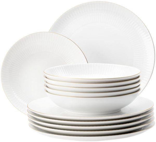 Seltmann Weiden Tafelservice Tafelservice 12-teilig Amina Goldrand, Teller, Suppenteller (12-tlg), 6 Personen, Porzellan, Teller Set, Speiseeller, Suppenteller, weiß, gold