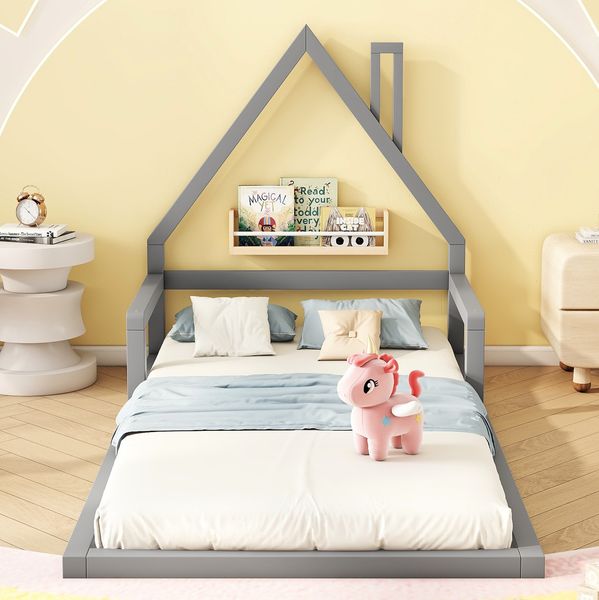 Bett 90x200 cm Hausform aus Kiefer in Grau – robustes Kinderbett mit Lattenrost