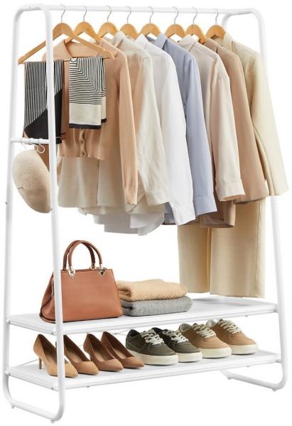 Vasagle Kleiderständer, Garderobenständer, Garderobe, 2 Ablagen, 6 Haken in S-Form, Stahlgestell, für Schlafzimmer, Flur, Eingangsbereich, wolkenweiß-mattweiß