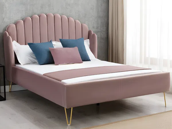 Vente-unique - SAGALI Bett SamtStoff Puderrosa - B 203 cm x H 126 cm x L 158 cm