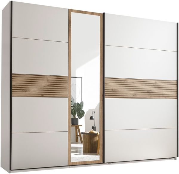 Schwebetürenschrank >Leo< 3 Böden, 3 Stangen, Viking Oak hell / Weiß - 270,1x225,5x59,6 (BxHxT)