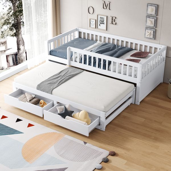 Merax Kinderbett 90x200cm mit Ausziehbett 90x190cm, Holzbett Klassisches Bett mit 2 Schubladen, Einzelbett Jugendbett mit Rausfallschutz, Weiß
