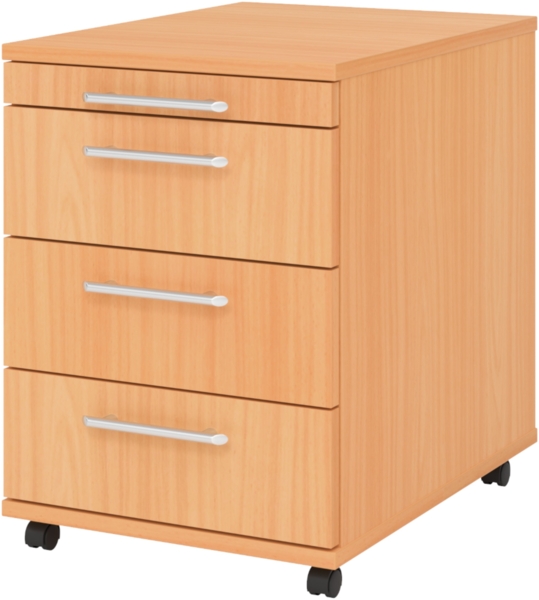 bümö basic Rollcontainer mit Schubladen, Container aus Holz in Buche - Rollwagen für's Büro als Schreibtisch Unterschrank, Bürocontainer od. Schreibtischcontainer mit Relinggriffe, 1606-6-6-RE