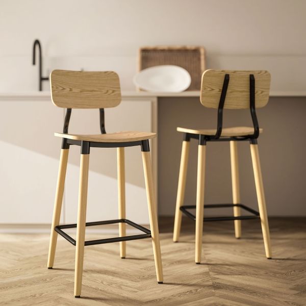 Barhocker 2er-Set Holzoptik nordisch – Küchenhocker, Tresenstuhl, schwarzes Stahlgestell, 120 kg, für Theken 89-99 cm