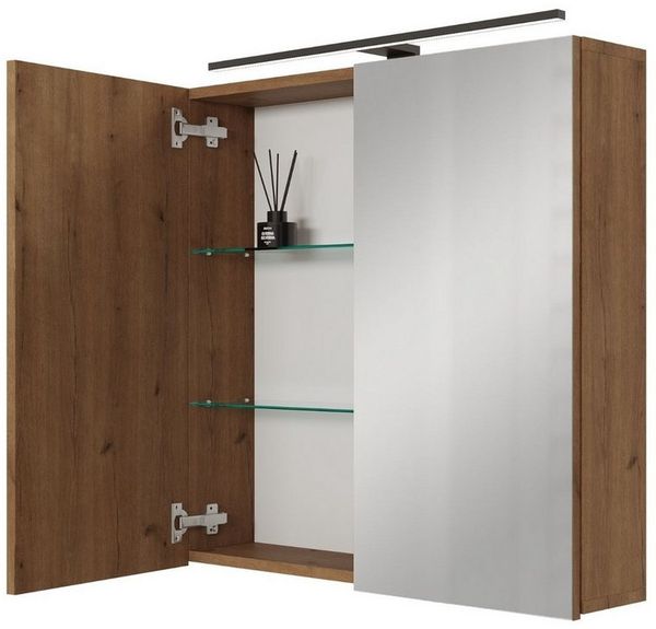 Planetmöbel ARIA Spiegelschrank Bad mit Beleuchtung 70 cm breit | Badschrank hängend mit Spiegel | Gold Eiche, mit Leuchte und Steckdose, Spiegelschrank Gäste WC 70 x 70 x 16 cm