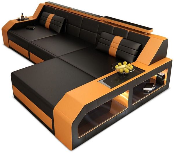 Couch Arezzo L Form in Leder - Echtleder - schwarz-orange - Rechts