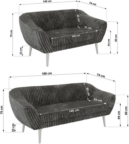 Skandinavisches Sofa Set PIRS 3-2, Komplettset, Wellenfederung, weiße Füße, Sitzgruppe, Polstermöbel Set - Grau Cord Bild 5