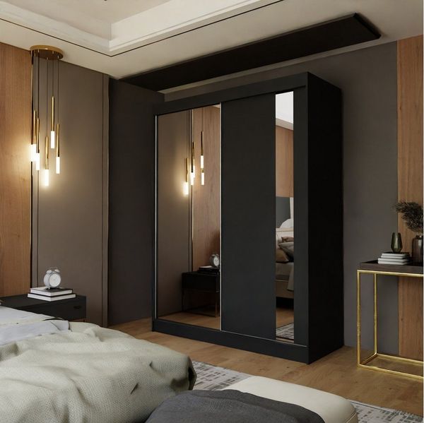 Beautysofa Schwebetürenschrank Gaja 150 cm (2-türig Kleiderschrank mit Schwebetüren) Garderobenschrank mit Spiegel, Schubladen und Kleiderstange