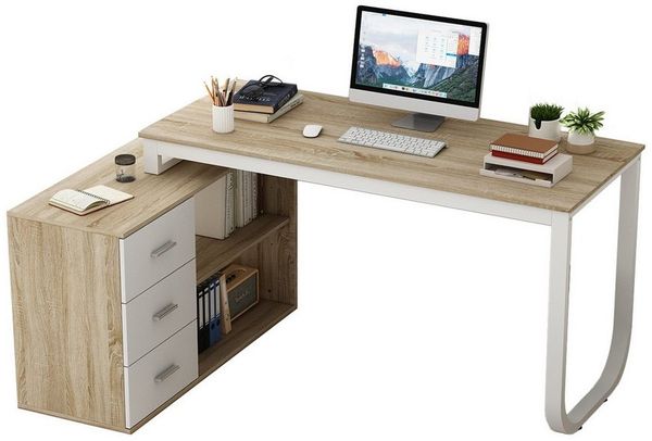 FUFU&GAGA Eckschreibtisch 130 cm L Förm Computertisch mit 3 Schubladen & 2 Regalen