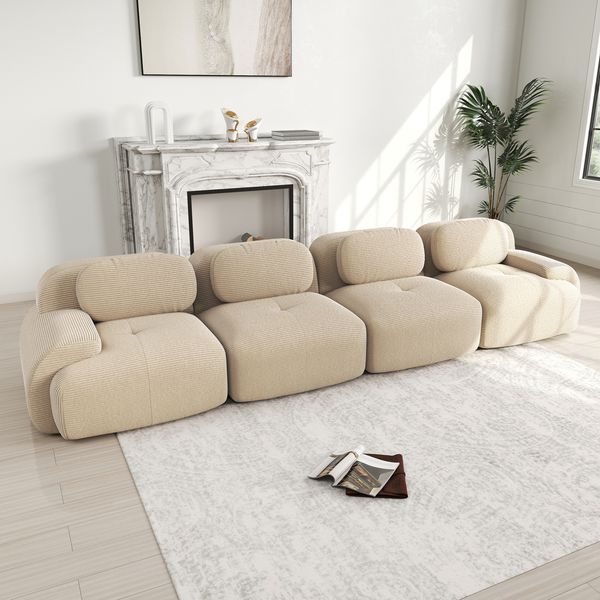 Modulares Ecksofa 75cm×388cm×103cm in Beige aus Cordstoff – rahmenlos, ohne Montage, 3 Pakete