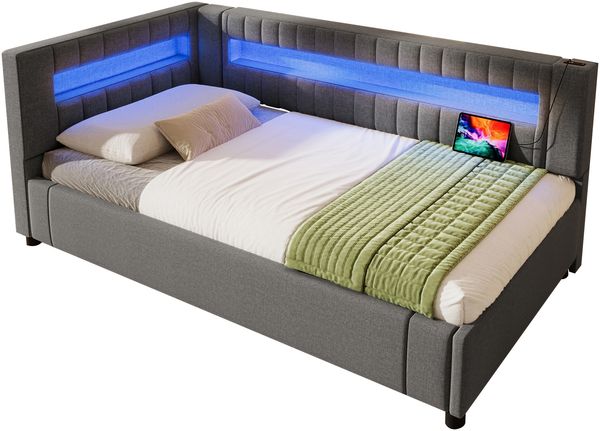 Daybett Leinen mit LED-Lichtleiste, Stauraum & USB-Anschluss, 90x200 cm, Grau, ohne Matratze Bild 7