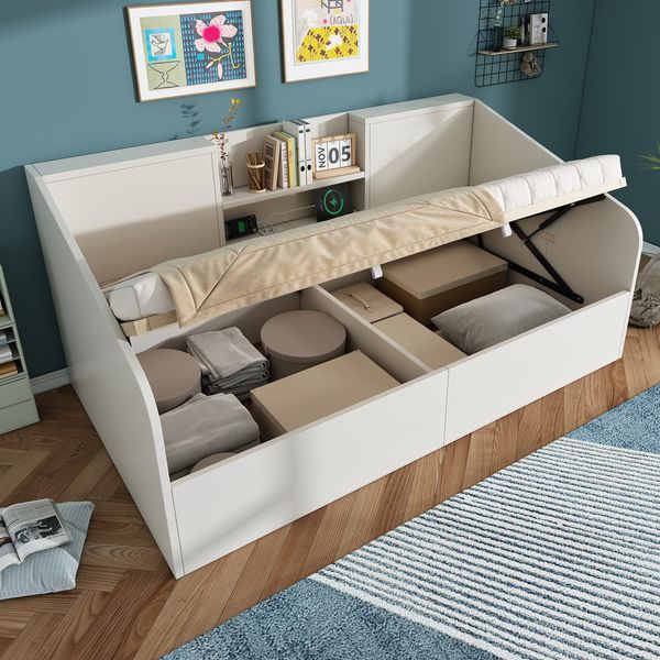 Bett 90x200 cm Weiß mit hydraulischem Stauraum, USB-/Typ-C-Ladestation, Lattenrost inkl, ohne Matratze
