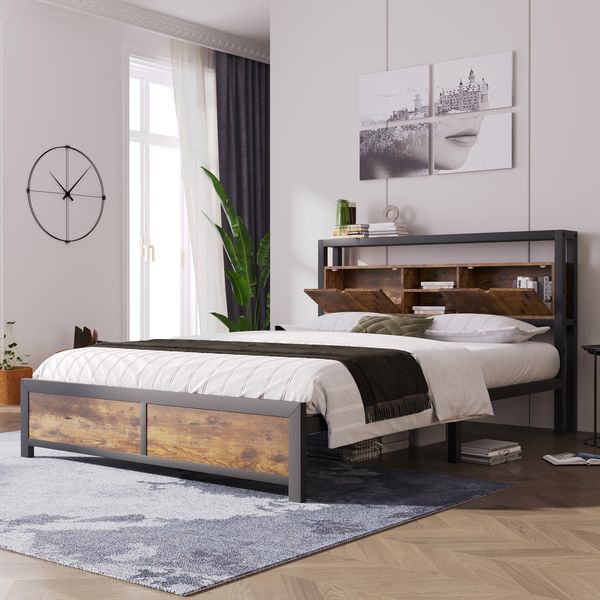 Metallbett 140x200 cm mit Stauraum-Kopfteil, Holzoptik, Doppelbett mit Ablagefächern und 26,5 cm Bodenfreiheit