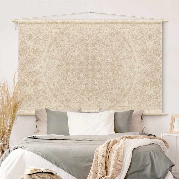 Bilderdepot24 Wandteppich modern Mandala Aquarell Muster Ornamente Spirituell beige, rechteckig, Höhe: 2.6 mm, großes Wandbild aus Natur-Baumwolle Wandbehang Stoffbild Tuch Wollseil