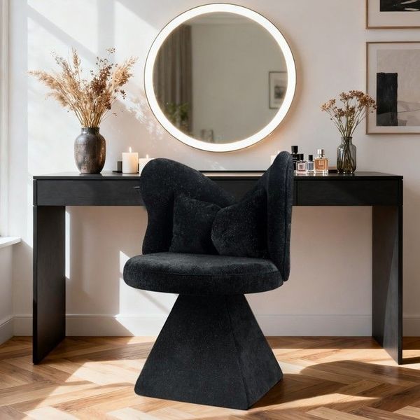 DECOCTUM Schminkstuhl mit Schmetterlings-Rückenlehne für Schlafzimmer, Büro und Wohnbereich, drehbar, Schwarz, 76.2x45x46cm