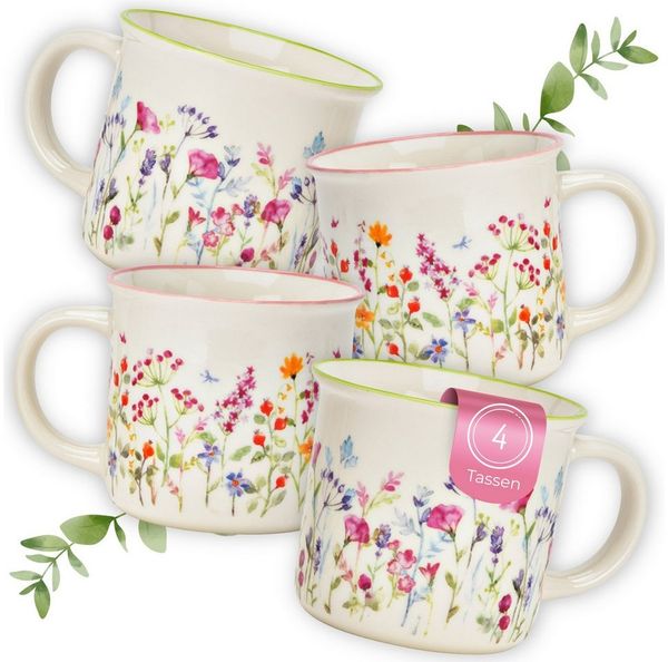 matches21 HOME & HOBBY Tasse Kaffeetassen Blumenwiese, 4er Set Kaffeetasse Bunt, 4-tlg, Porzellan, Frühstückstasse 355 ml mit floralem Design