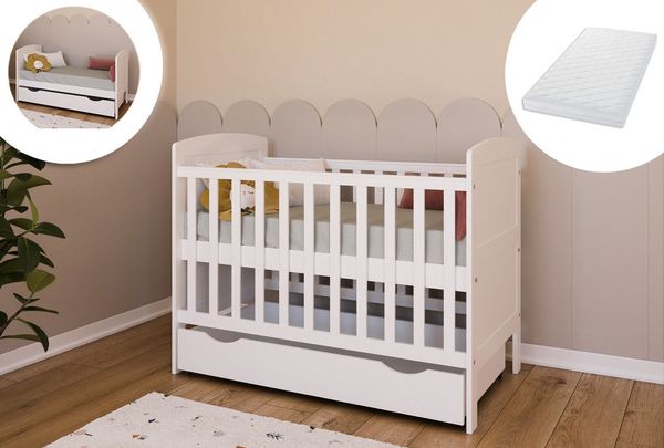 Kids Collective Babybett Kinderbett 70x140 cm mit Matratze umbaubares Gitterbett, höhenverstellbar mit Schublade, baby bed weiss Made in Europe 140x70