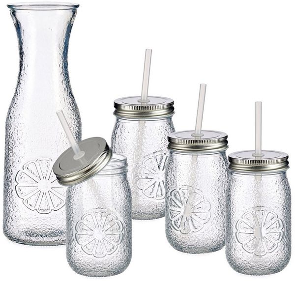 MamboCat Karaffe 5tlg Set Vivalto Lima Karaffe + 4x Glas mit Deckel und Strohhalm