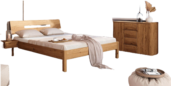 Bett Bento 7 Sonderlänge 180x220 Wildeiche massiv Holzkopfteil und Holzbeine