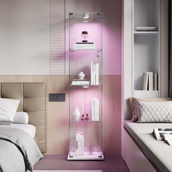 FUROKOY Glasvitrine Standvitrinen, Vitrine aus gehärtetem Glas (Vitrinenschrank mit 1 Glastür und Beleuchtung für Sammler, Bücher) 4 Lagen Sammlervitrine, Schwarz