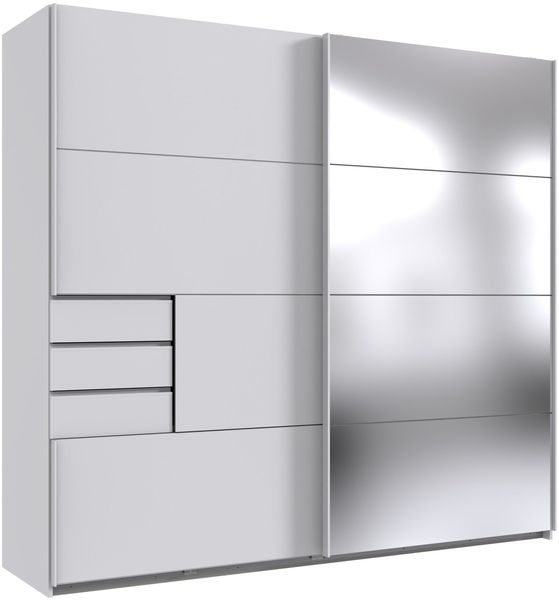 Kleiderschrank Saigon Weiß und weißen Griffen mit einer Spiegel Türfront – Schwebetürenschrank in verschiedenen Größen wählbar - Schwebetürenschrank 2 türig - 225 cm Breite