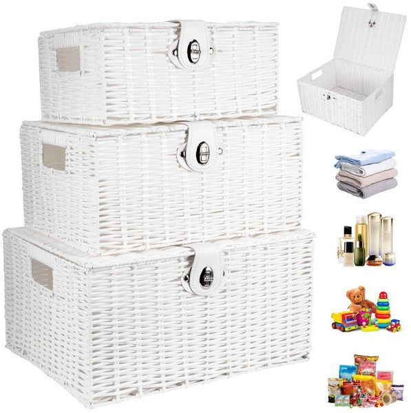 BlingBin Aufbewahrungskorb 3er Set Weiß Aufbewahrungskörbe aus PP-Rattan, mit Deckel & Schloss (3er-Set, 3 St, Größe L: ca. 36 x 28,5 x 18,5 cm, M: ca. 33 x 24 x 15 cm, S: ca. 28 x 20 x 12,5 cm), Stapelbarer Ordnungsboxen für Geschenk, Kleidung, Toilettenartikel