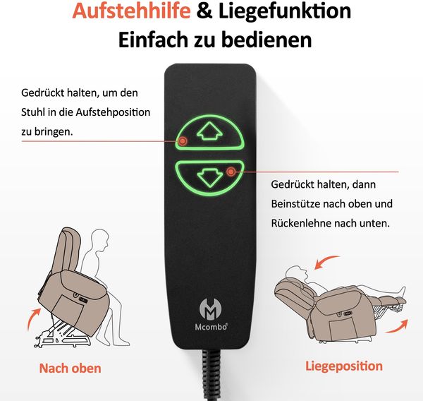 M MCombo Fernsehsessel mit Aufstehhilfe Elektrisch, mit Massage & Heizung, Relaxsessel mit Liegefunktion bis 145°, 7252 (Mikrofaser, Beigebraun) Bild 7