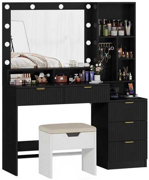 Furnicopia Schminktisch Einstellbare LED-Beleuchtung Fünf Schubladen und sieben Staufächer (Abmessungen: 114 × 40 × 149 cm Der Schminktisch verfügt über zwei europäische Steckdosen, einen USB-Anschluss, einen Typ-C-Anschluss und zwölf Schmuckhaken-oste...