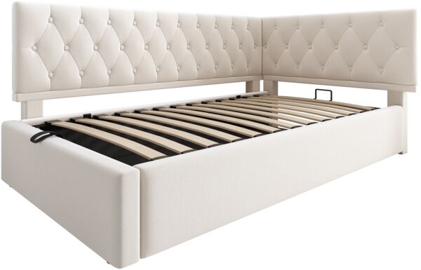 Polsterbett, Samt mit hydraulischem Stauraum, 90x200 cm, Beige, ohne Matratze Bild 10