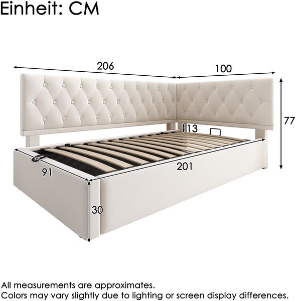 Polsterbett, Samt mit hydraulischem Stauraum, 90x200 cm, Beige, ohne Matratze Bild 7