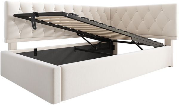 Polsterbett, Samt mit hydraulischem Stauraum, 90x200 cm, Beige, ohne Matratze Bild 9