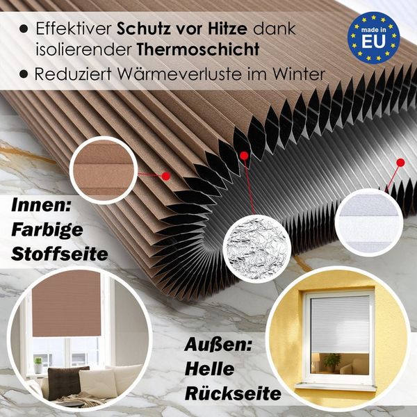DomDeco Wabenplissee Thermo Plissee ohne Bohren - Hitzeschutz, Verdunkelung, verspannt, abdunkelnd, Klemmfix, stufenlos, kälteschutz, modernes Fensterplissee