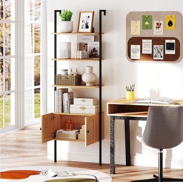 COSTWAY Bücherregal, 5-stöckiges Leiterregal mit Schrank, Wandmontage, Metall