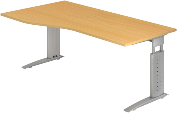 bümö höhenverstellbarer Schreibtisch U-Serie 180x100 Buche, Gestell in Silber - großer PC Tisch für's Büro manuell höhenverstellbar, Computertisch verstellbar, US-18-6-S