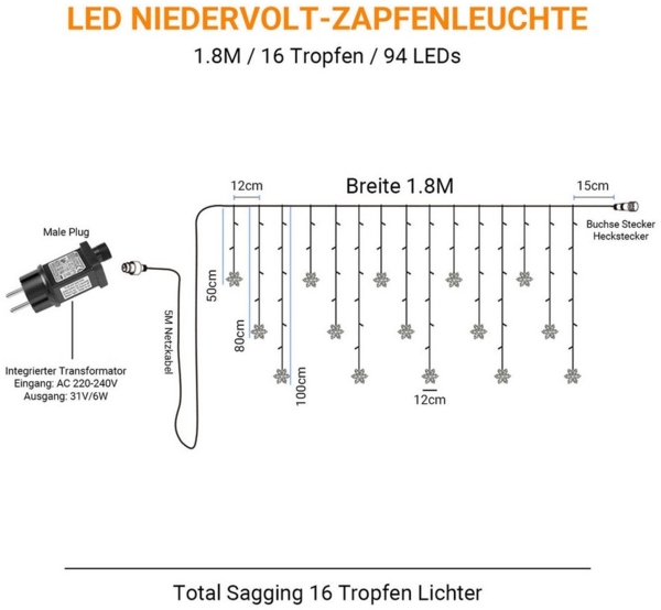 Rosnek Lichtervorhang Schneeflocke LED-Lichterkette, für Hochzeit Weihnachten Party, 31V, Timer, mit 8 Modi & Speicherfunktion Bild 3