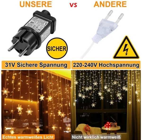Rosnek Lichtervorhang Schneeflocke LED-Lichterkette, für Hochzeit Weihnachten Party, 31V, Timer, mit 8 Modi & Speicherfunktion Bild 2