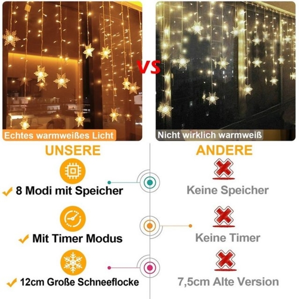 Rosnek Lichtervorhang Schneeflocke LED-Lichterkette, für Hochzeit Weihnachten Party, 31V, Timer, mit 8 Modi & Speicherfunktion Bild 4
