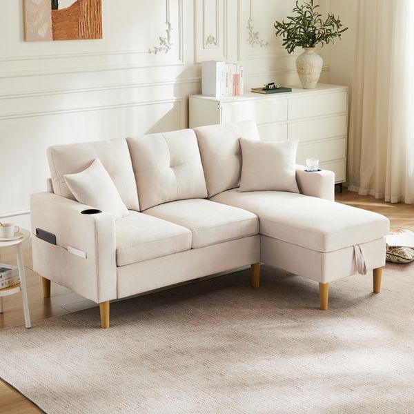 Ecksofa L-Form Baumwolle-Leinen, 175 x 129 x 90 cm ,Chaiselongue mit Getränkehalter & Stauraumtaschen,Beige