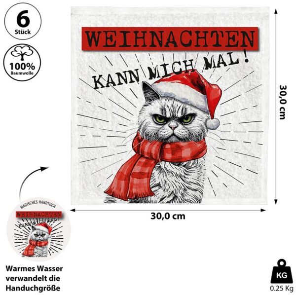 CEPEWA Handtuch Magisches Handtuch 'XMAS CAT' 6er Set 30x30cm Baumwolle Tuch Katze