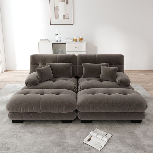 Ecksofa Braun aus Chenille, modular mit 2 Ottomane, tiefem Sitz und weichen Rundarmlehnen,81 x 220 x 145 cm