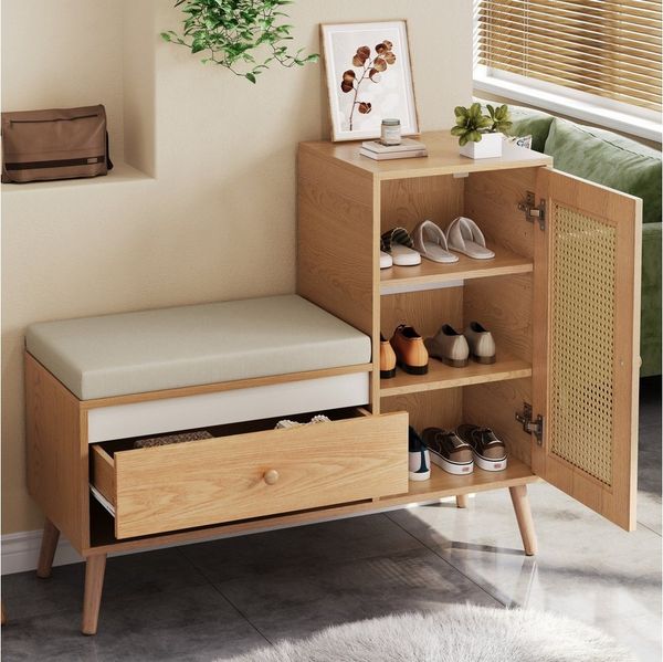 OKWISH Schuhschrank 95,5x80,5x35 cm Rattan Garderobenbank mit Schuhschrank & Sitzpolster (Packung, 1-St, Multifunktionale Eingangsbank mit Schubladen) Ein Schrankfach & offene Fächer